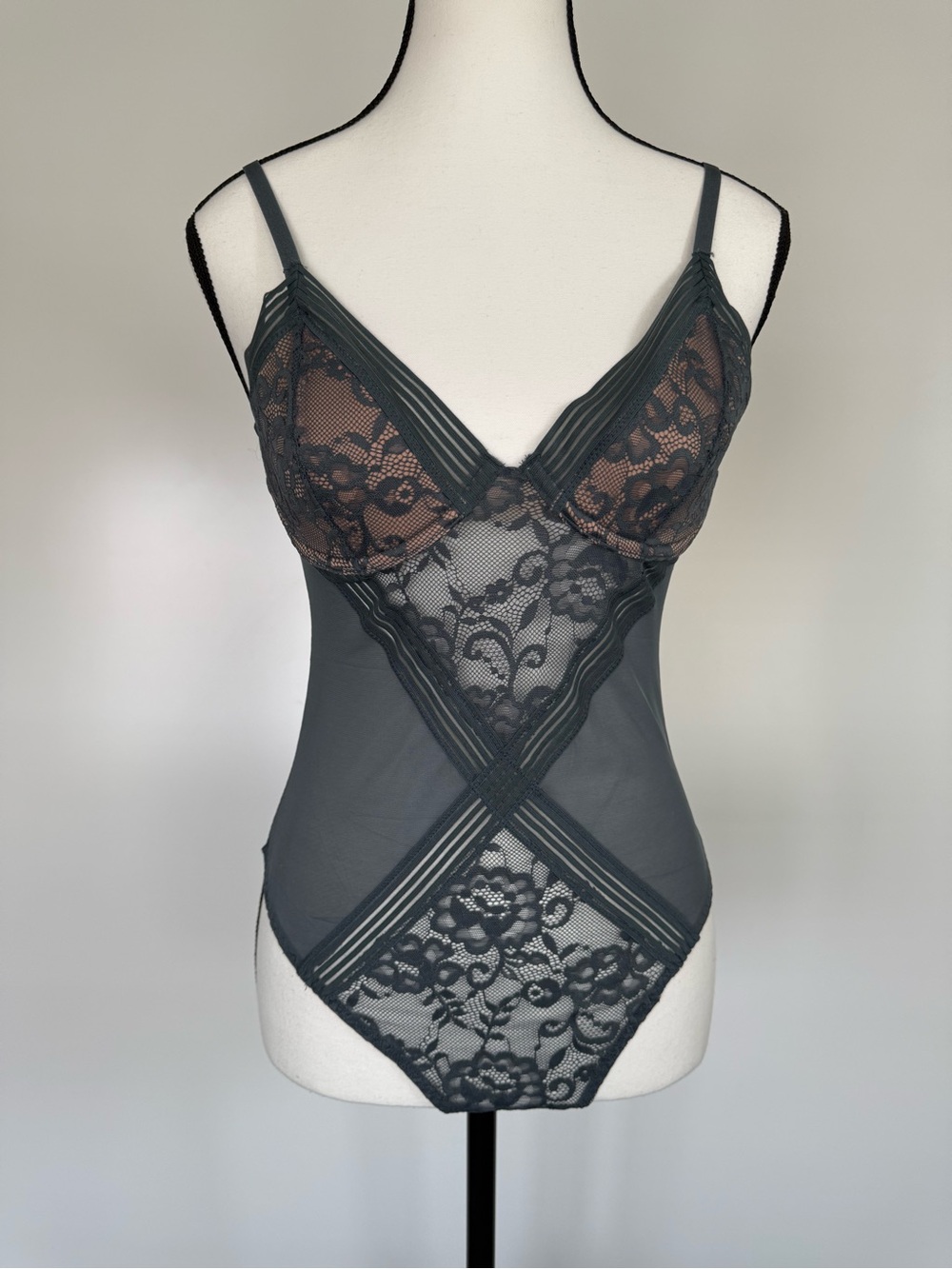 Adore Me Sheer Lace Mesh Bodysuit in Dark Gray